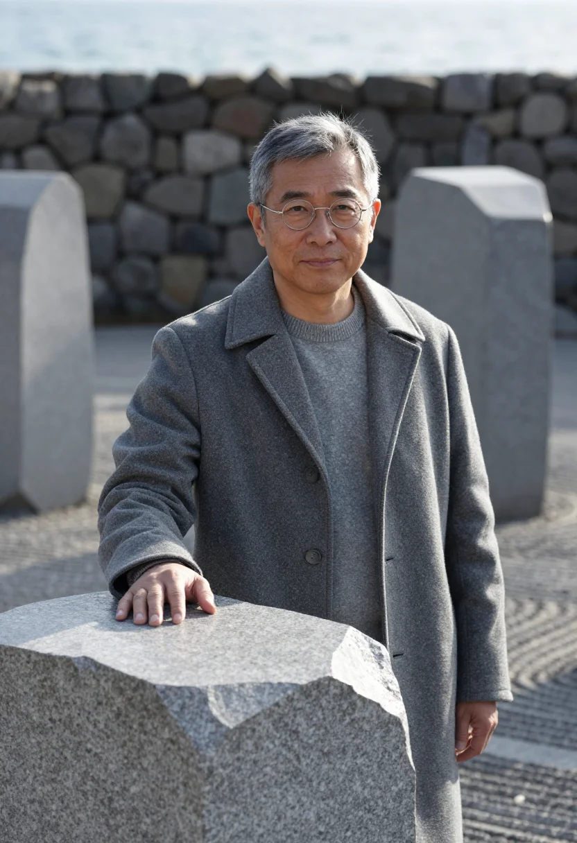 AI isamu noguchi mure january granite sample — portrait of a man, framed chest-up, cropped at the ribs, the