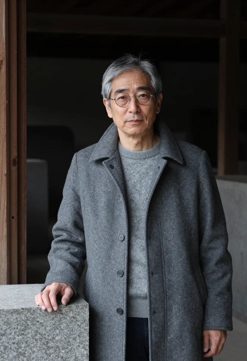 AI isamu noguchi mure january granite sample — portrait of a man, framed chest-up, cropped at the ribs, the