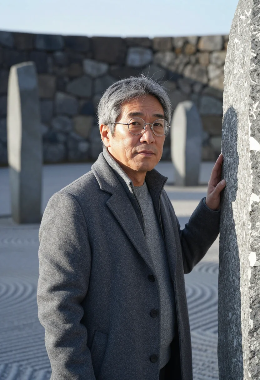 AI isamu noguchi mure january granite sample — portrait of a man, framed tight, head and shoulders, the bod