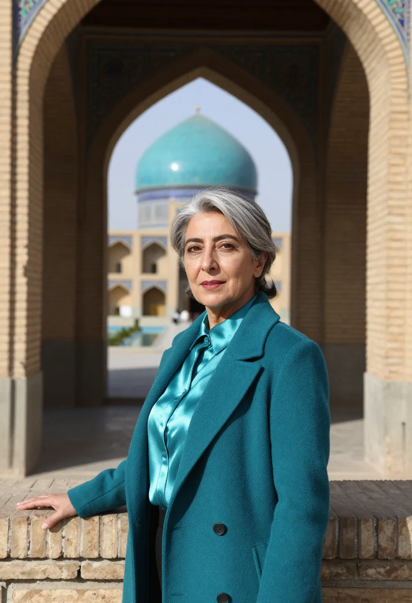 AI isfahan architect turquoise tile sample — portrait of a woman, an architect in her early fifties of Ir