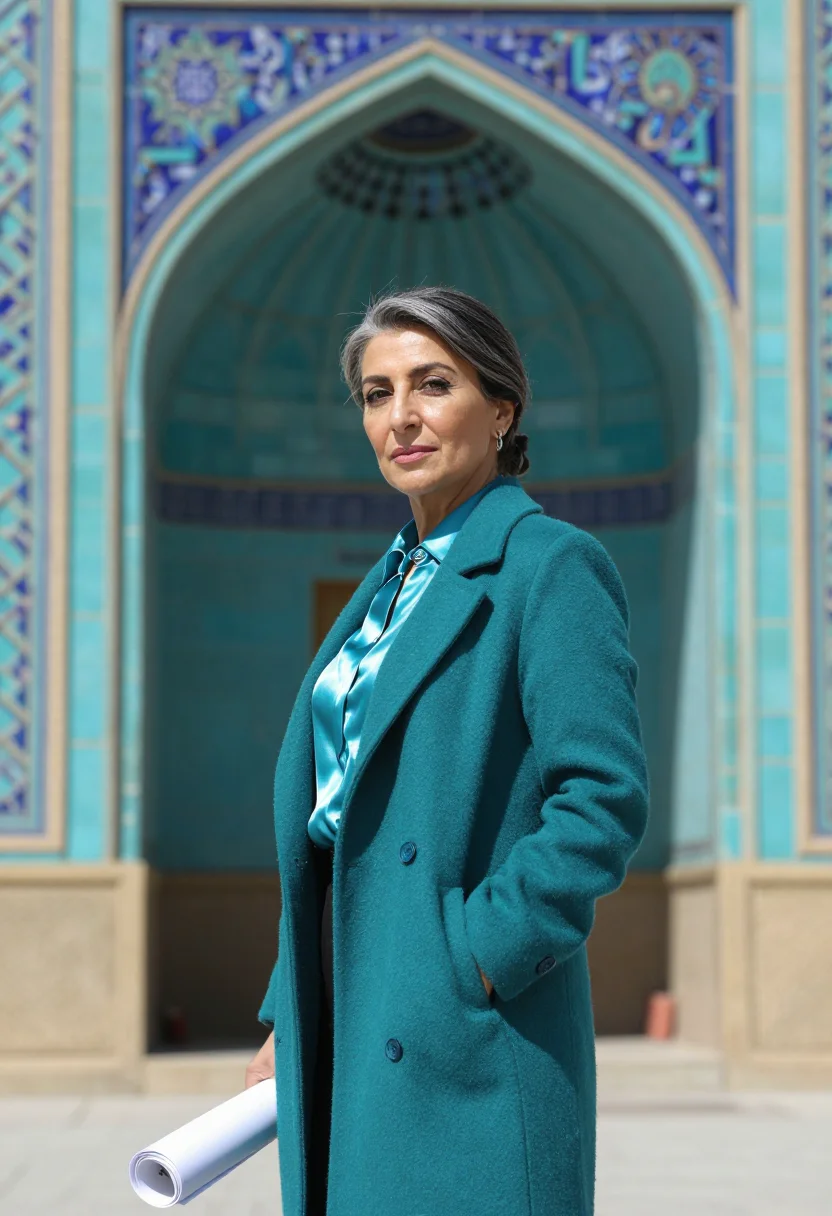 AI isfahan architect turquoise tile sample — portrait of a woman, an architect in her late forties of Ira
