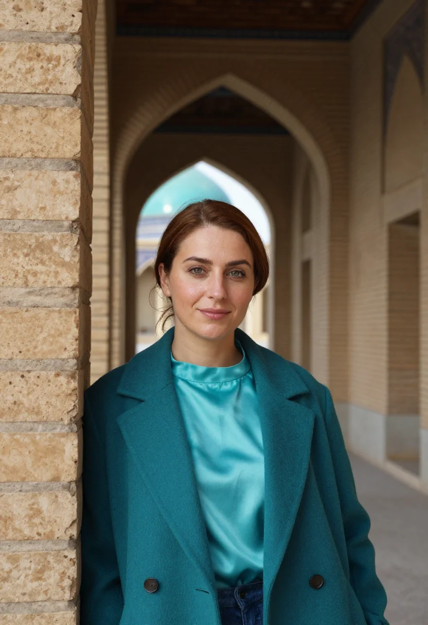 AI isfahan architect turquoise tile sample — portrait of a woman, an architect in her early thirties of F