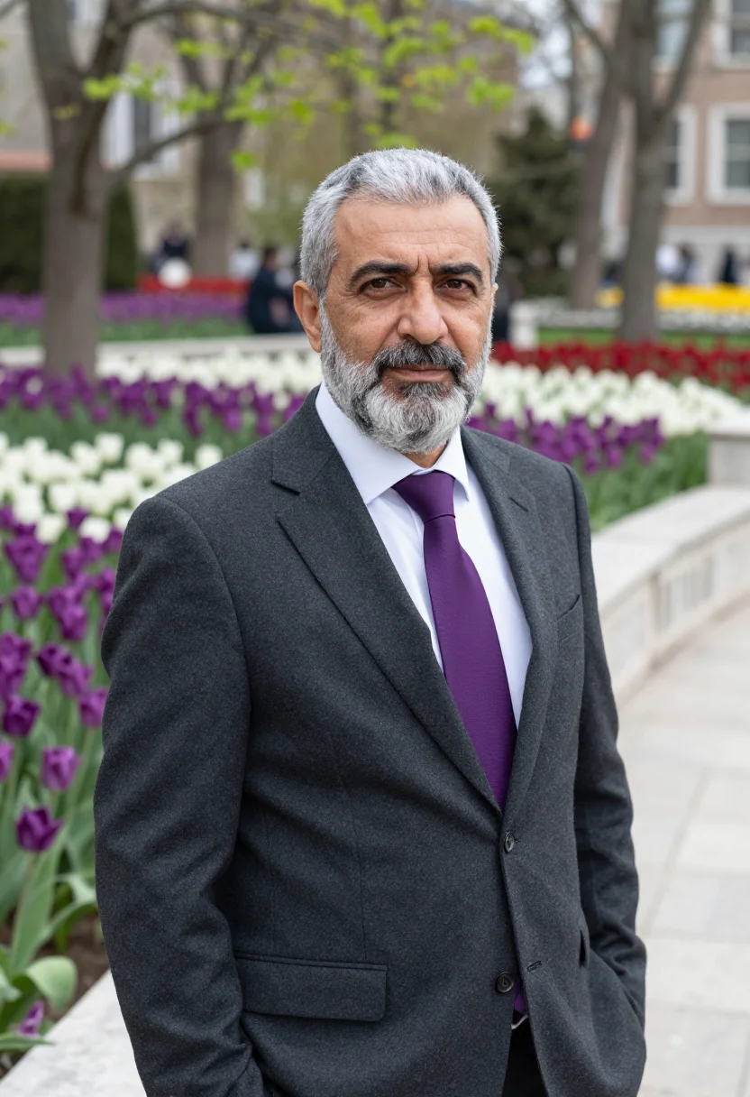 AI istanbul emirgan tulip april headshot palette sample — portrait of a man, a Turkish man in his fifties with deep ol