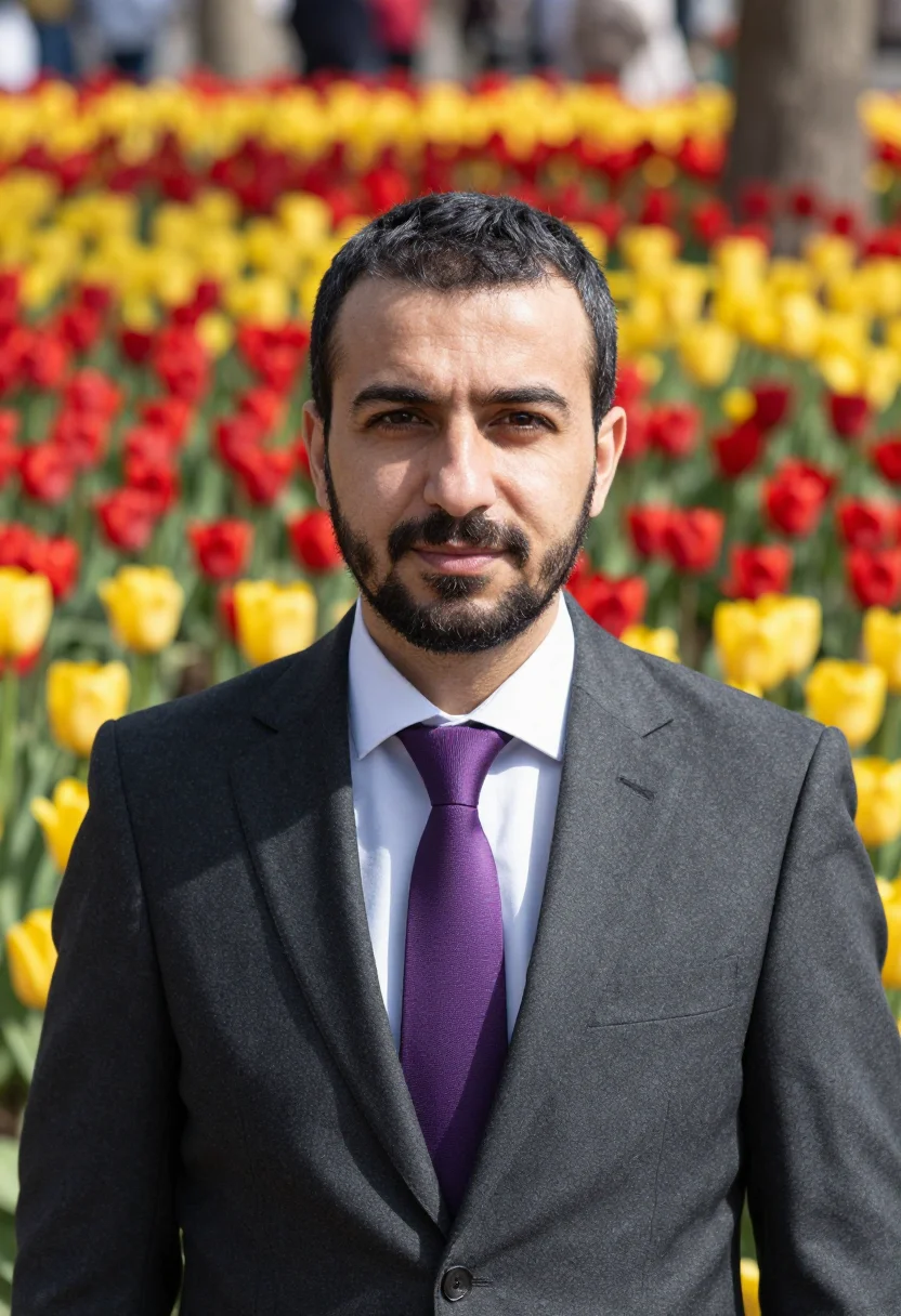 AI istanbul emirgan tulip april headshot palette sample — portrait of a man, a Turkish man in his early forties with w