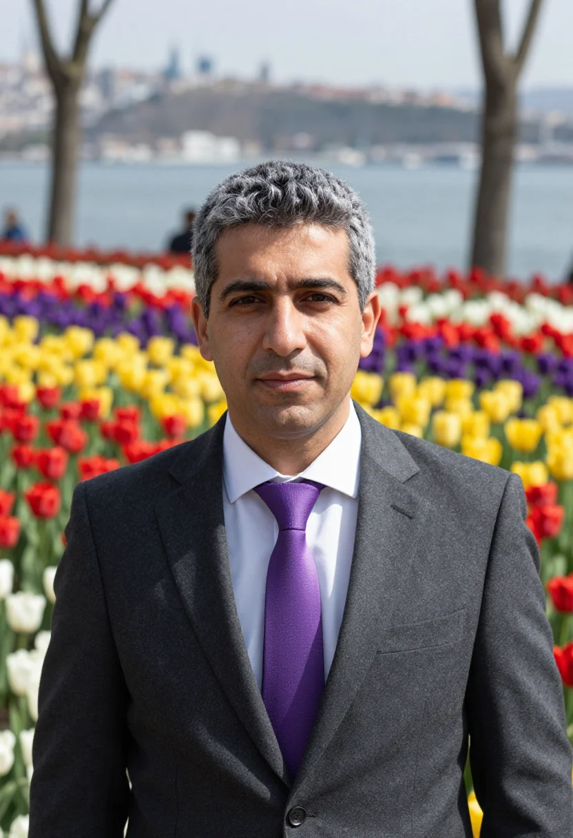 AI istanbul emirgan tulip april headshot palette sample — portrait of a man, a Greek man in his mid-forties with tanne