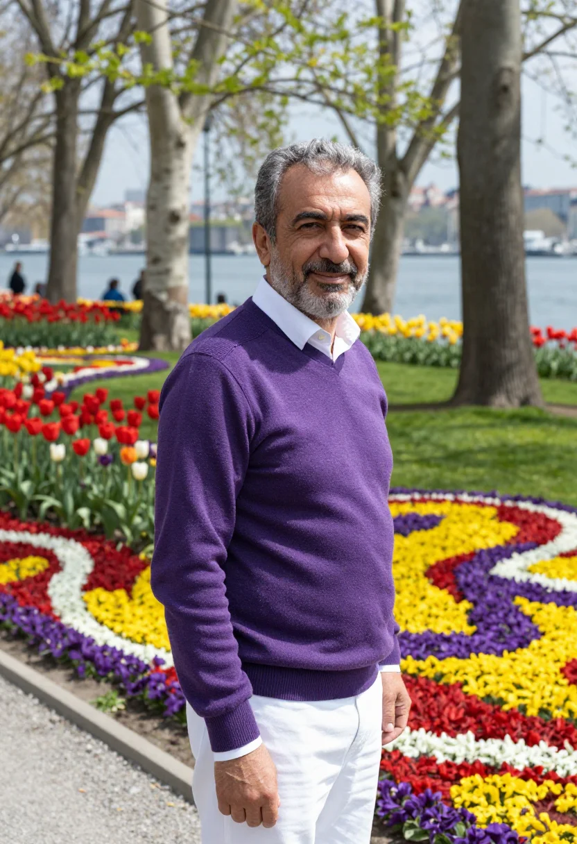 AI istanbul emirgan tulip festival april palette sample — portrait of a man, a Turkish traveller in his mid-fifties wi