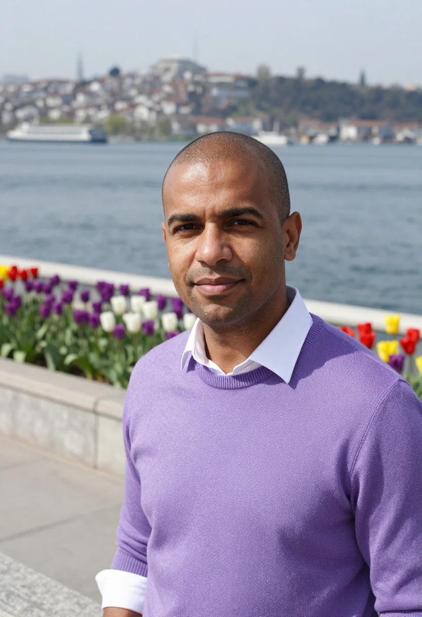 AI istanbul emirgan tulip festival april palette sample — portrait of a man, a traveller in his mid-thirties with deep