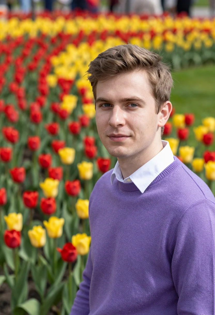 AI istanbul emirgan tulip festival april palette sample — portrait of a man, a traveller in his late twenties with fai