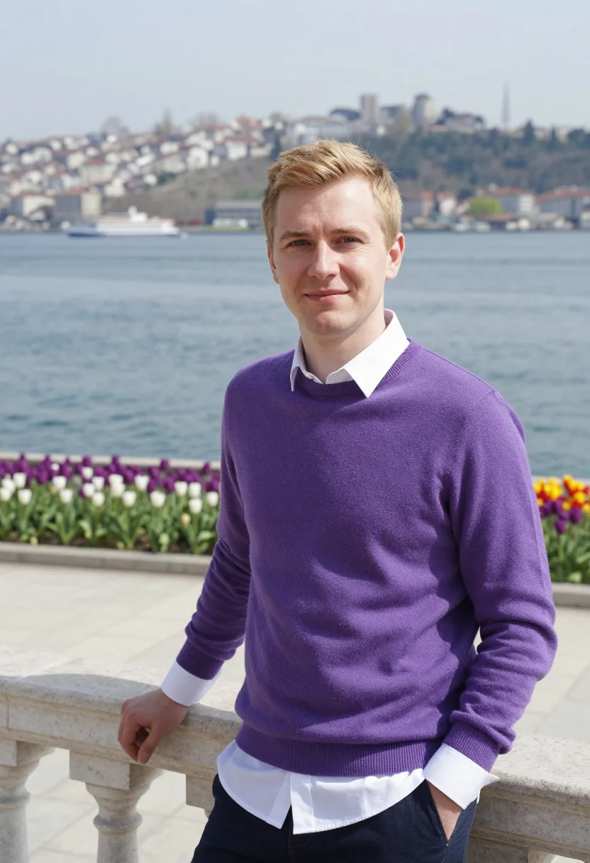 AI istanbul emirgan tulip festival april palette sample — portrait of a man, a traveller in his early thirties with fa
