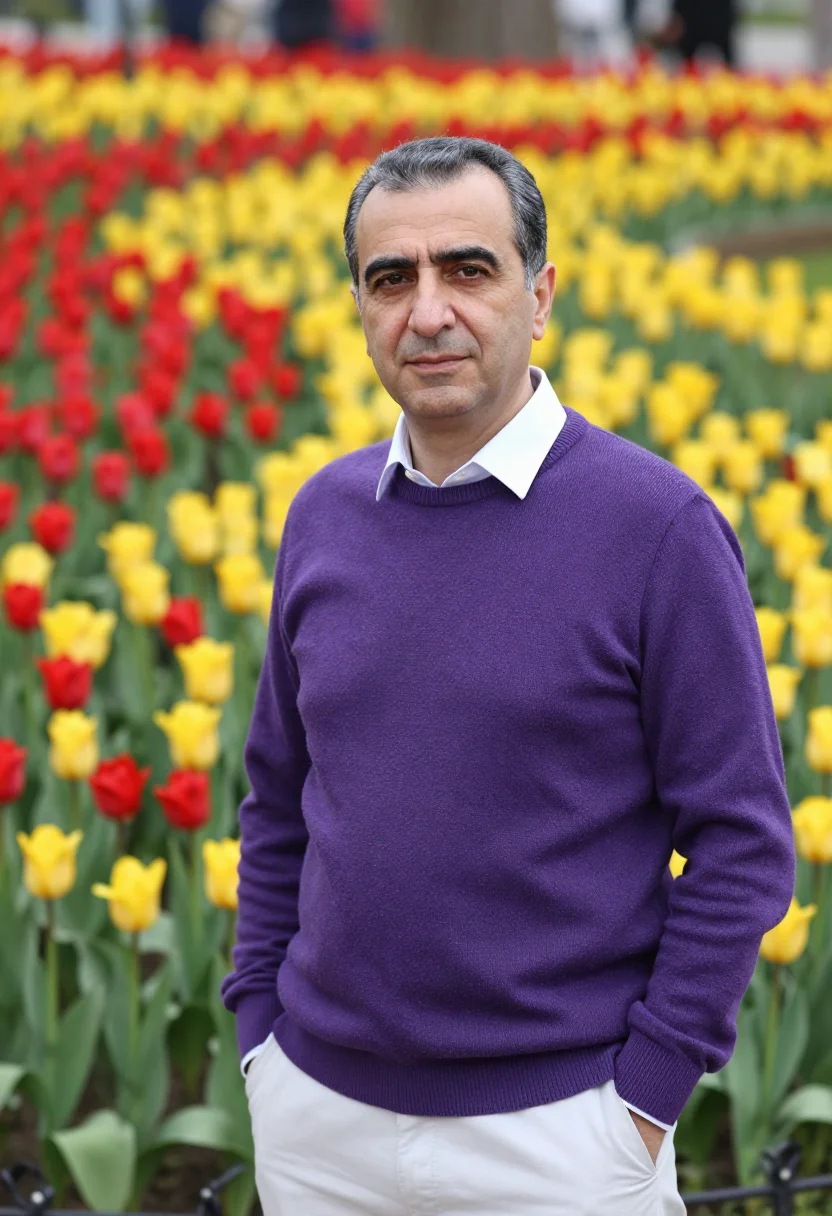 AI istanbul emirgan tulip festival april palette sample — portrait of a man, a Turkish traveller in his late forties w