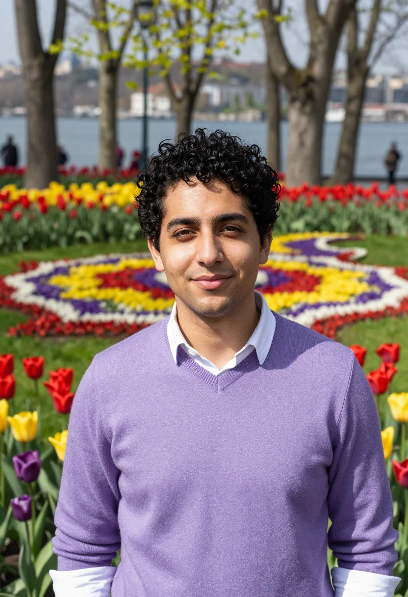 AI istanbul emirgan tulip festival april palette sample — portrait of a man, a traveller in his late twenties with gol