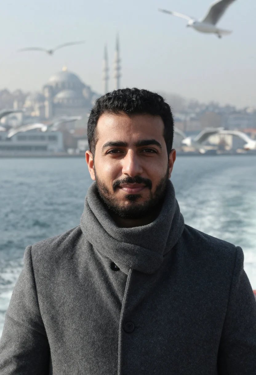 AI istanbul ferry slate sample — portrait of a man, close headshot of a Middle-Eastern man in