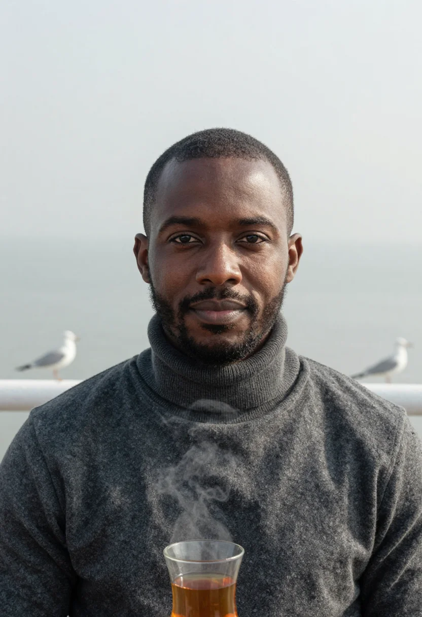 AI istanbul ferry slate sample — portrait of a man, close headshot of a Black man of East-Afr