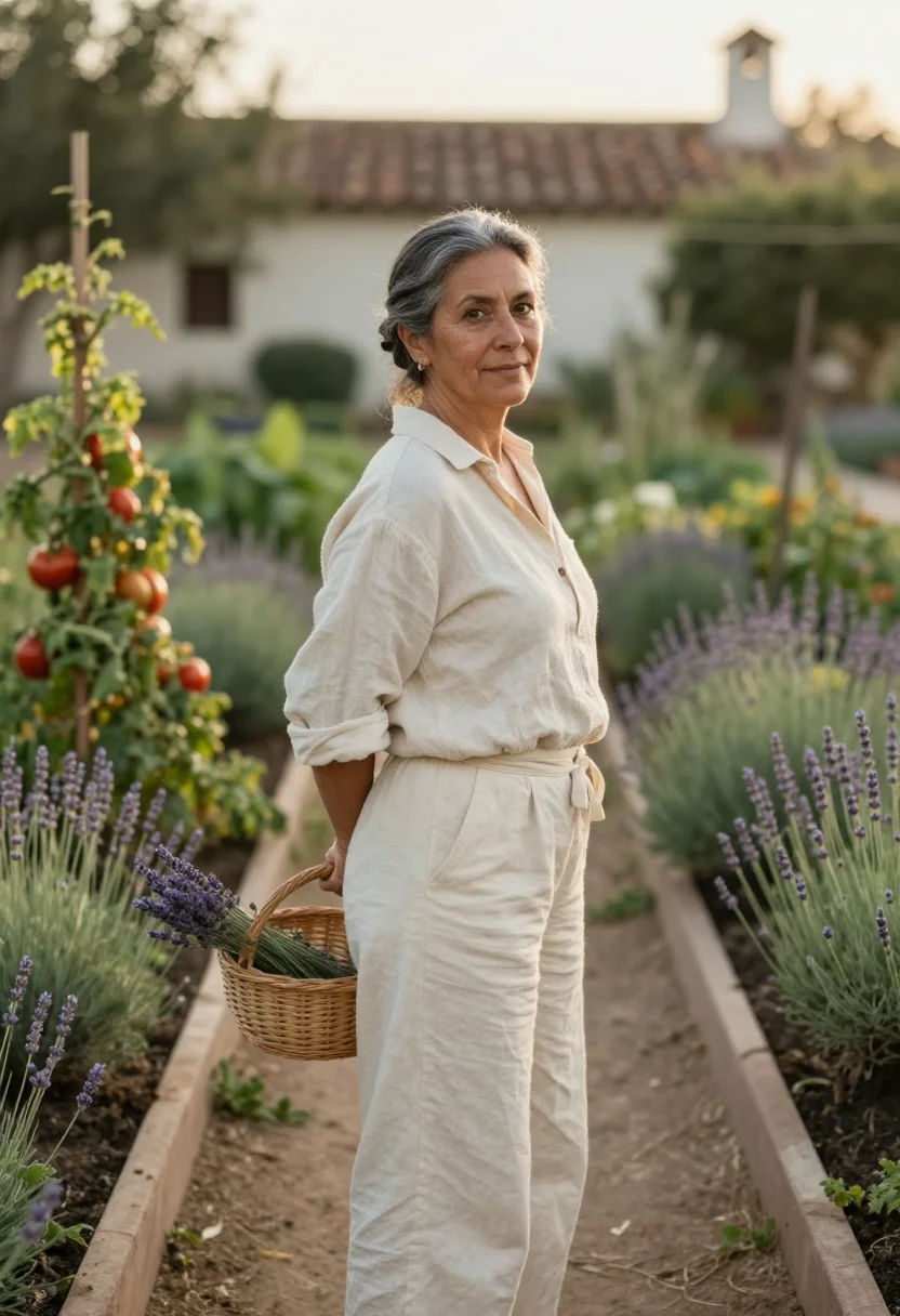 AI its complicated santa barbara garden cream sample — portrait of a woman, a baker in her mid-fifties of Portugues