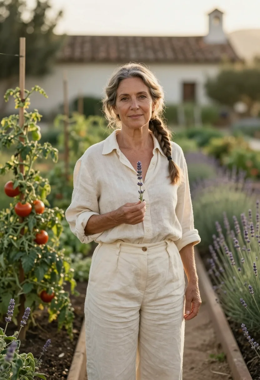 AI its complicated santa barbara garden cream sample — portrait of a woman, a baker in her early fifties of French