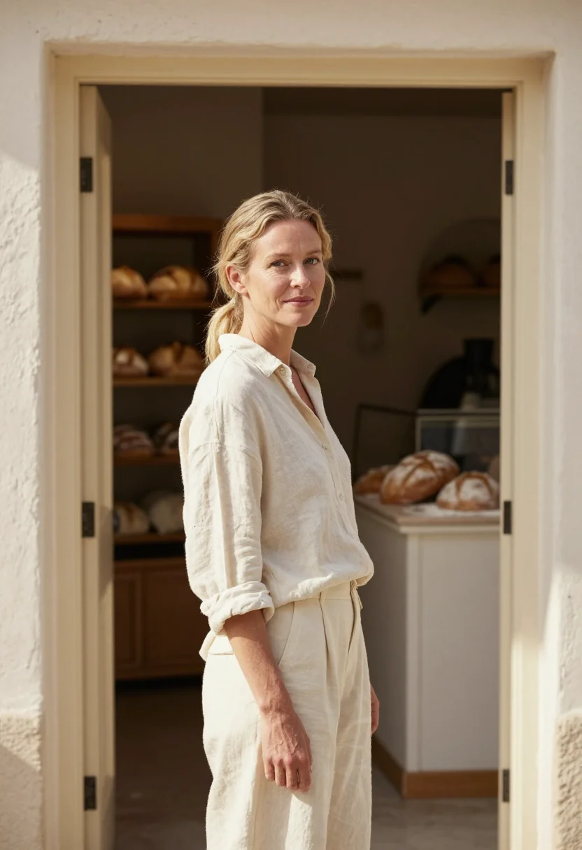 AI its complicated santa barbara garden cream sample — portrait of a woman, a baker in her late forties of Scandina