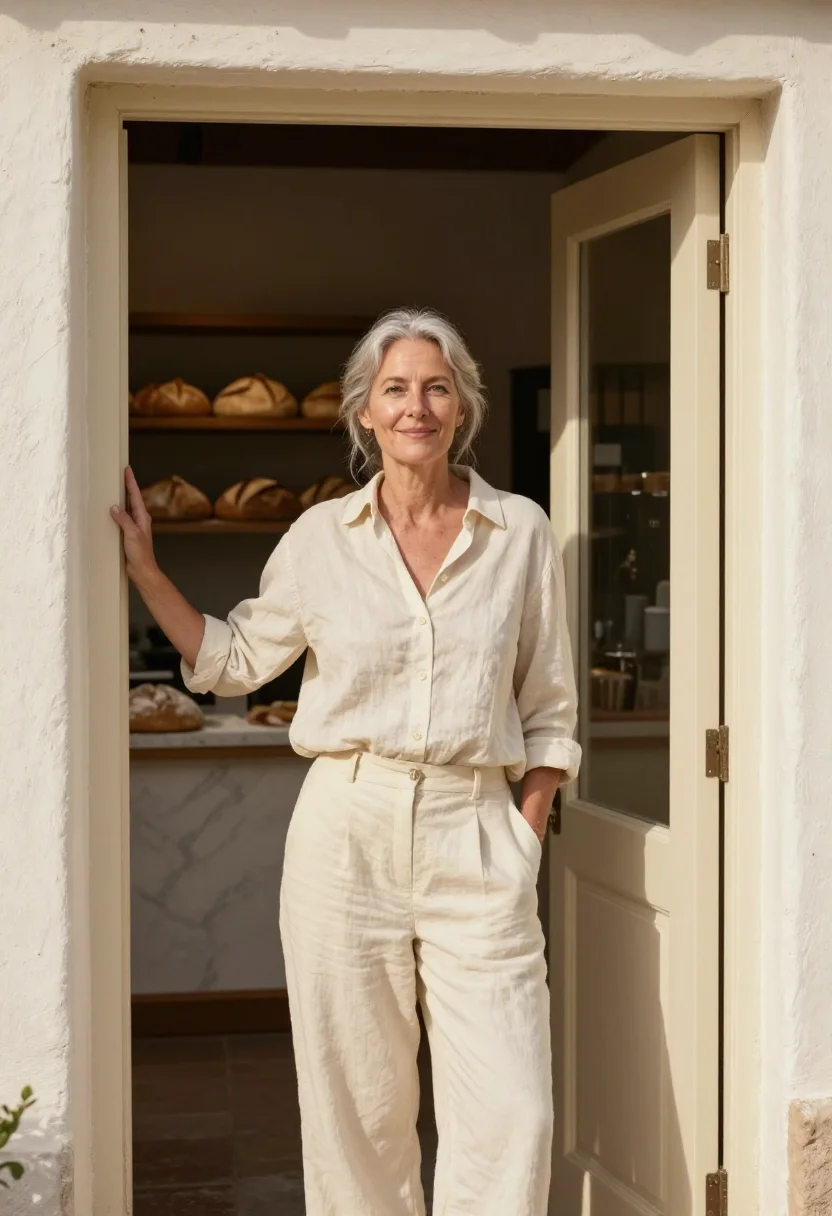 AI its complicated santa barbara garden cream sample — portrait of a woman, a baker in her mid-fifties of English d