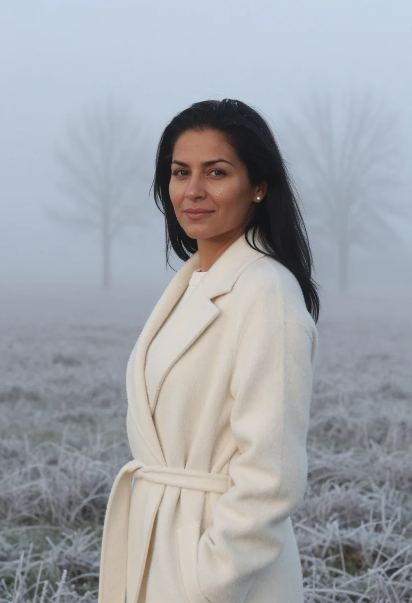 AI ivory cashmere fog headshot sample — portrait of a woman, framed tight, head and shoulders, the b