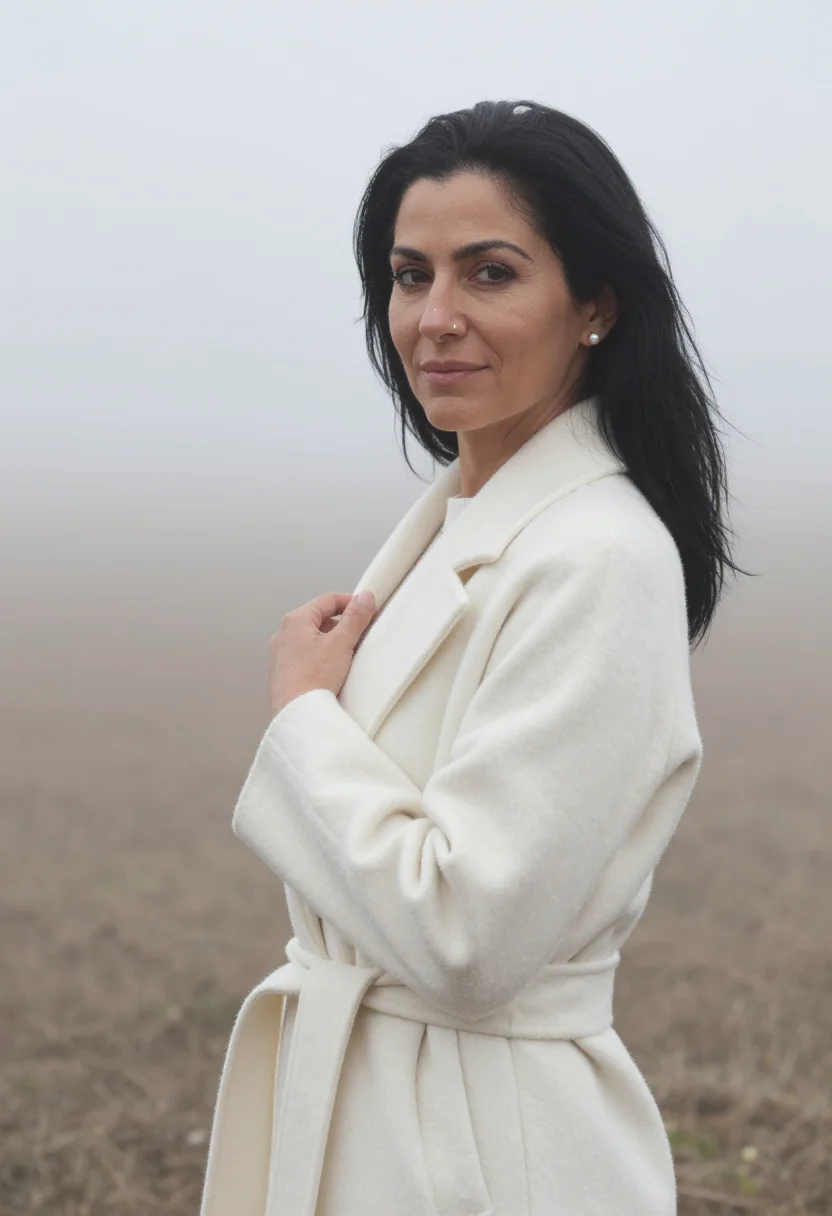 AI ivory cashmere fog headshot sample — portrait of a woman, framed chest-up, cropped at the ribs, t