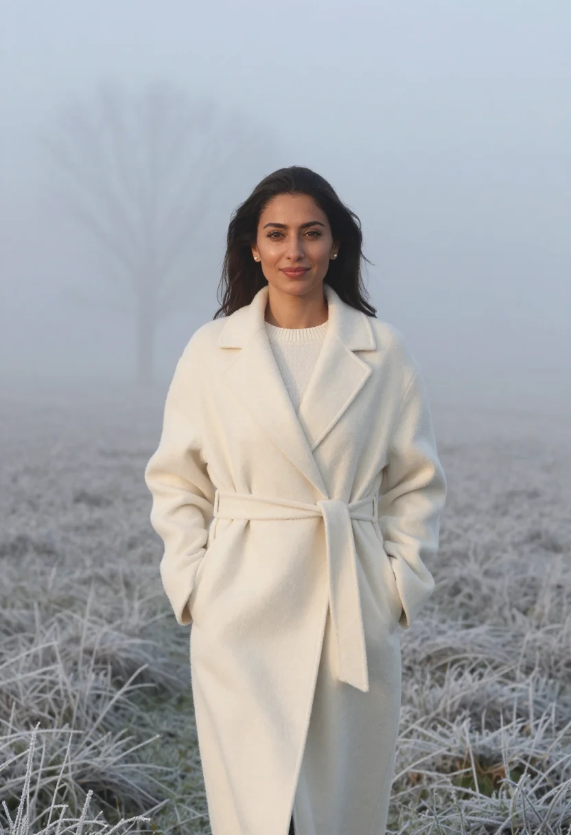 AI ivory cashmere fog headshot sample — portrait of a woman, framed half-length from the head to the