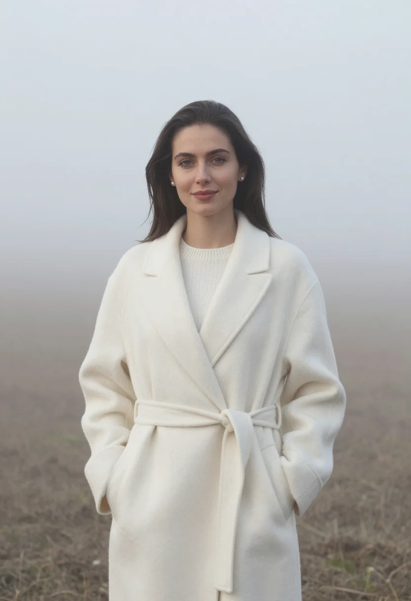 AI ivory cashmere fog headshot sample — portrait of a woman, framed waist-up, cropped at the hips, t