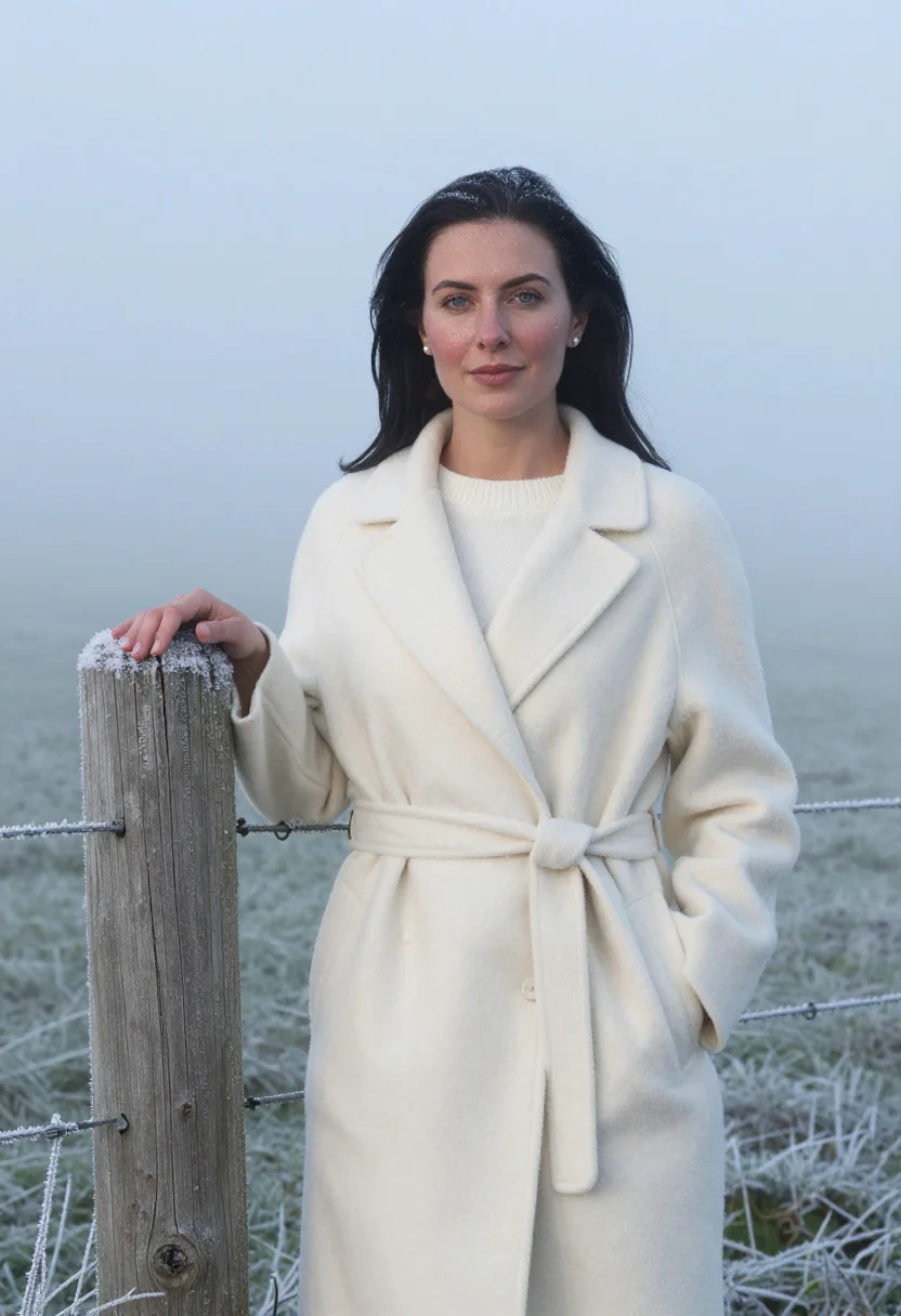 AI ivory cashmere fog headshot sample — portrait of a woman, framed waist-up, cropped at the hips, t