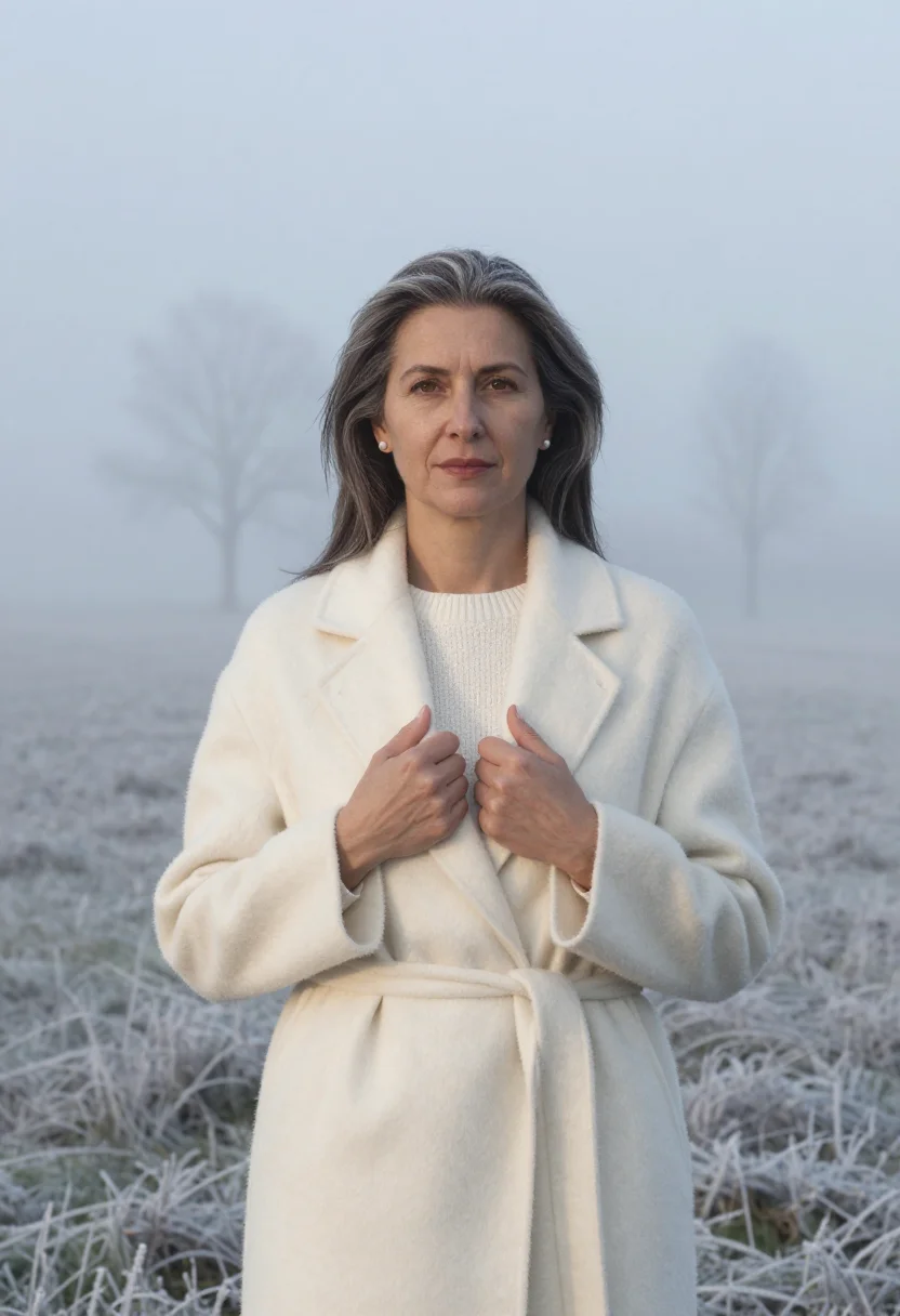 AI ivory cashmere fog headshot sample — portrait of a woman, framed chest-up, cropped at the ribs, t