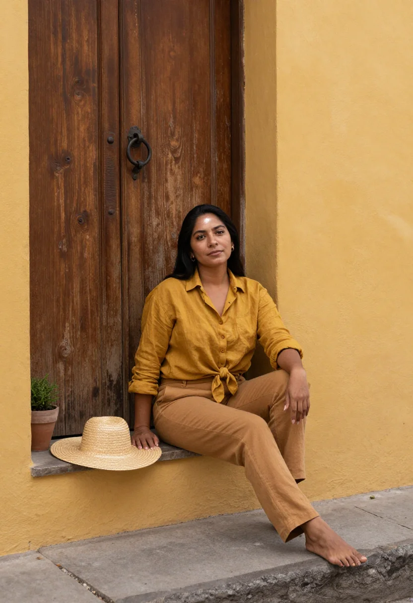 AI izamal yellow sample — portrait of a woman, a full-length three-quarter view of a M