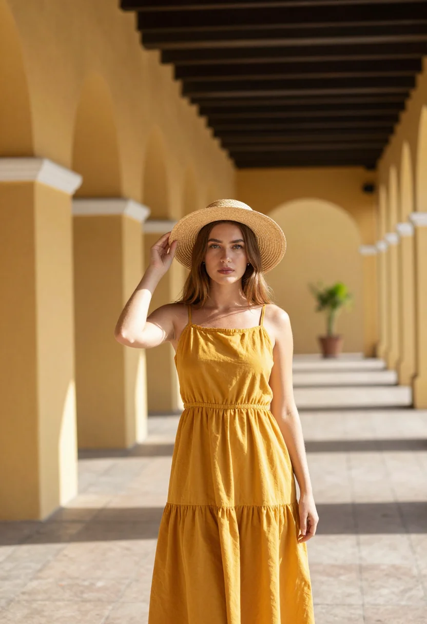 AI izamal yellow sample — portrait of a woman, a three-quarter-length view of a Wester
