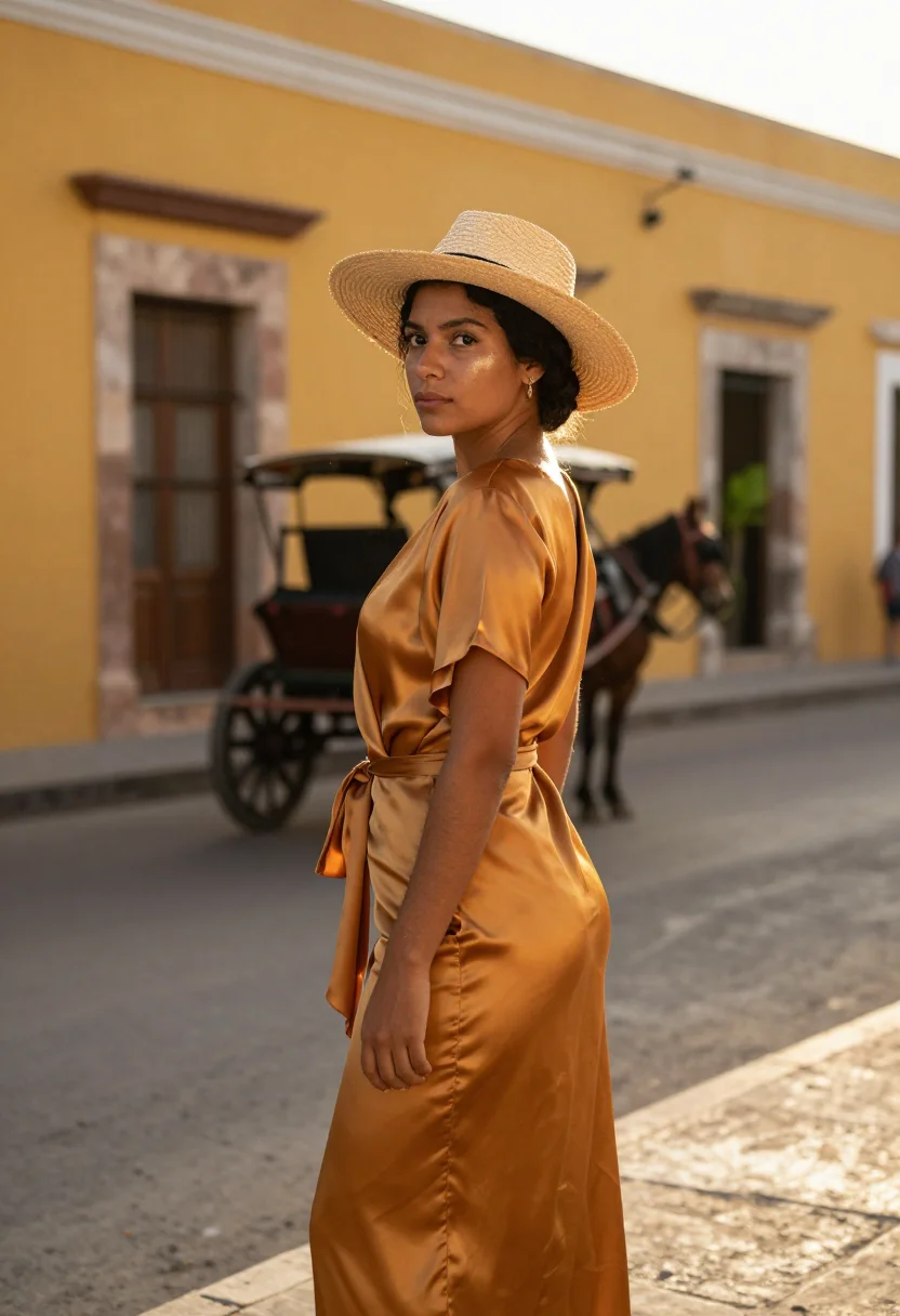 AI izamal yellow sample — portrait of a woman, a three-quarter-length view of a Caribb