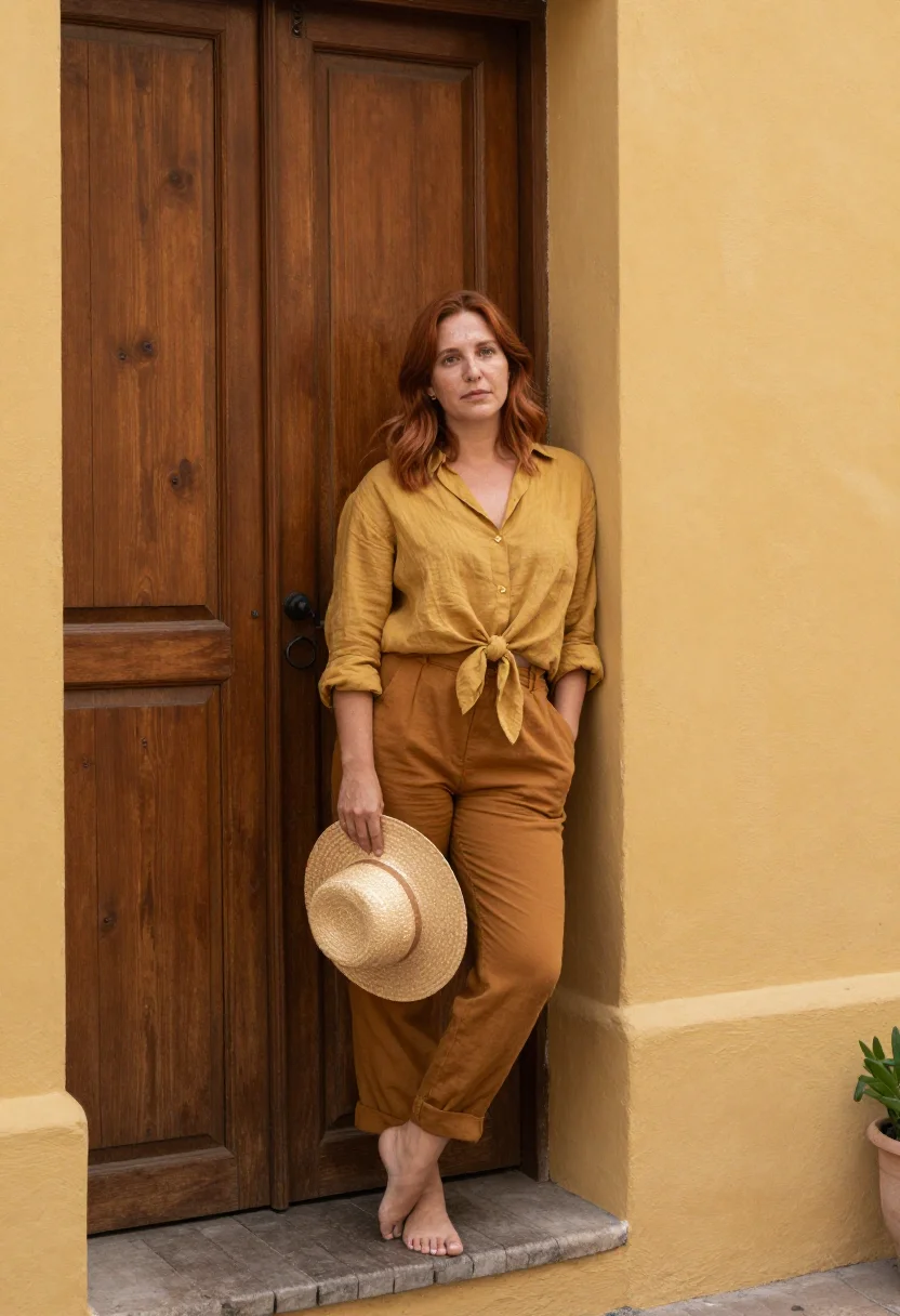 AI izamal yellow sample — portrait of a woman, a three-quarter-length view of a Wester