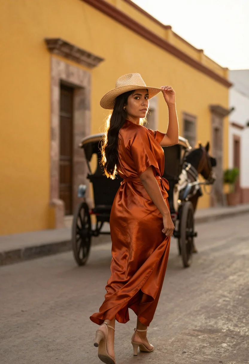 AI izamal yellow sample — portrait of a woman, a full-length view from a low three-qua