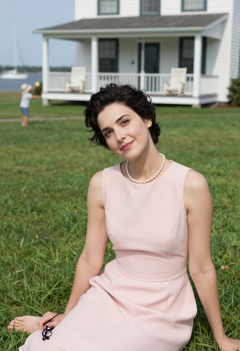 AI jackie o sample — portrait of a woman, a waist-up photograph on a summer lawn