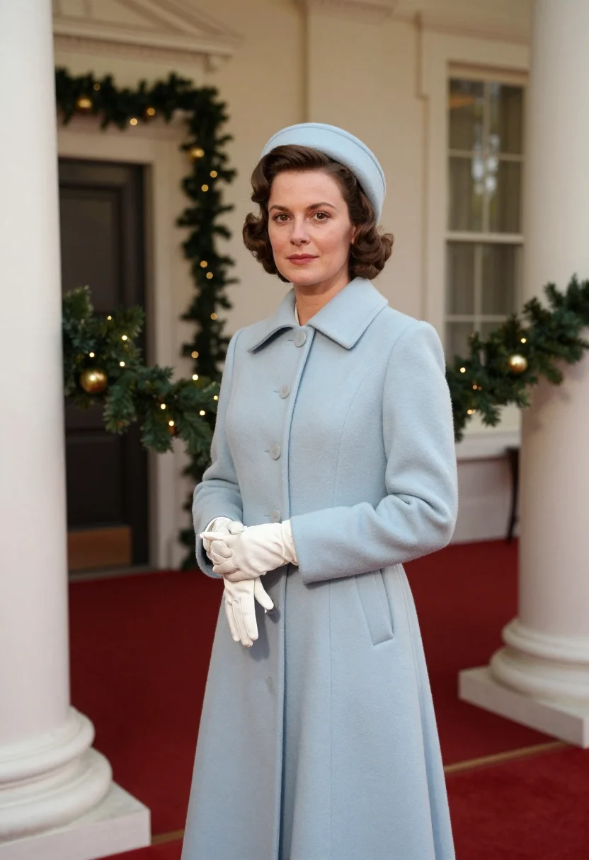 AI jackie white house christmas sample — portrait of a woman, standing between two columns in the Cro
