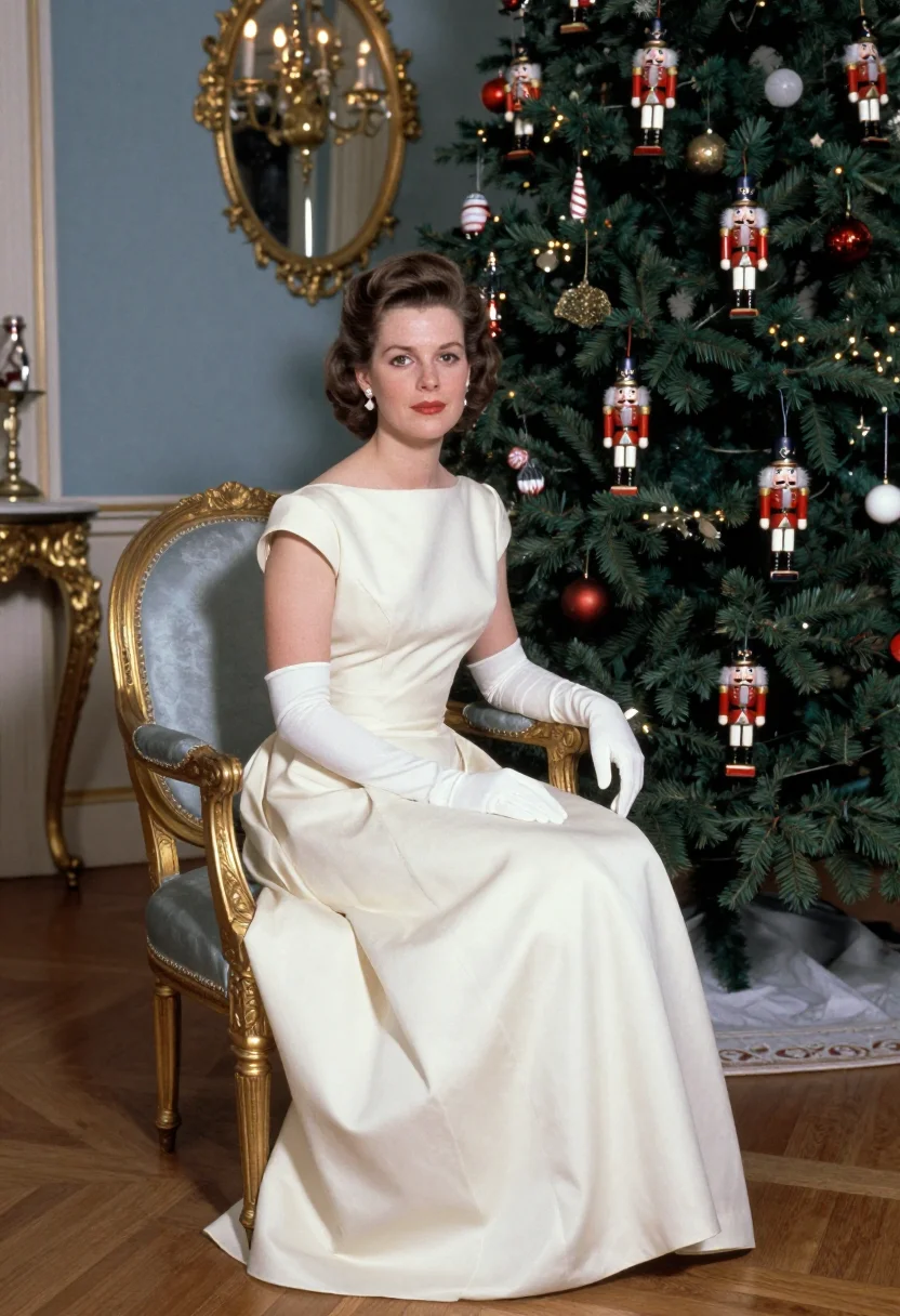 AI jackie white house christmas sample — portrait of a woman, seated on the arm of a gilt fauteuil be