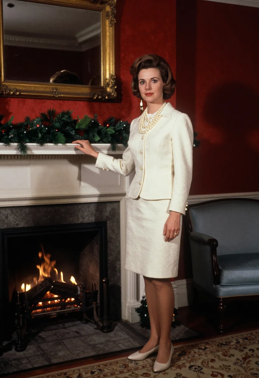 AI jackie white house christmas sample — portrait of a woman, standing at the Red Room fireplace of t