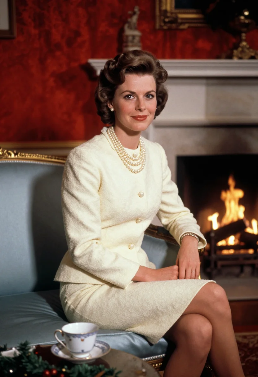 AI jackie white house christmas sample — portrait of a woman, on the settee at the Red Room fireplace