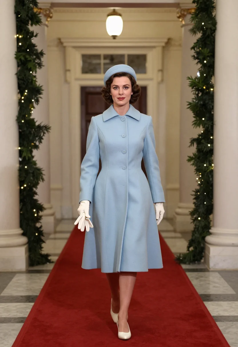 AI jackie white house christmas sample — portrait of a woman, in the Cross Hall of the White House at