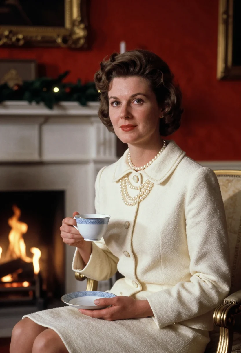 AI jackie white house christmas sample — portrait of a woman, seated on the settee at the Red Room fi
