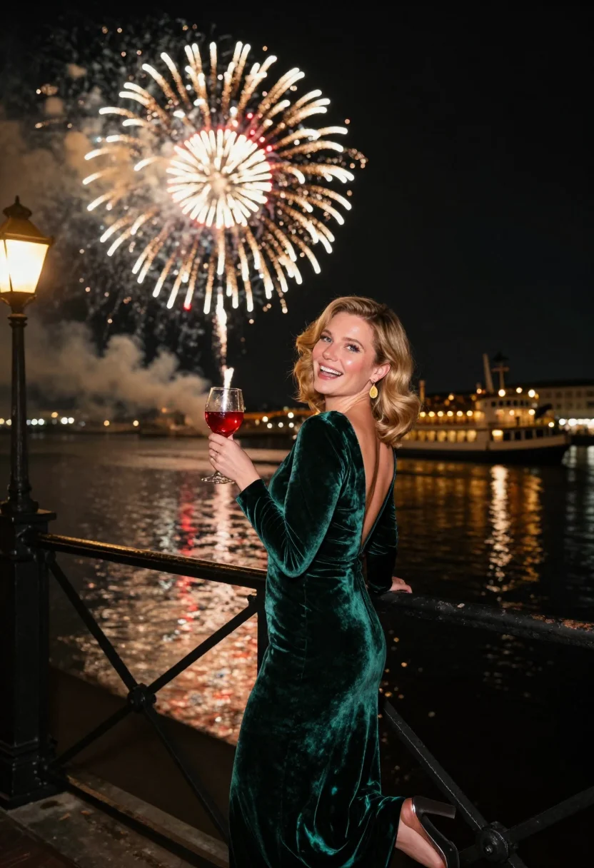 AI jackson square nye sample — portrait of a woman, in her early thirties with rosy fair sk