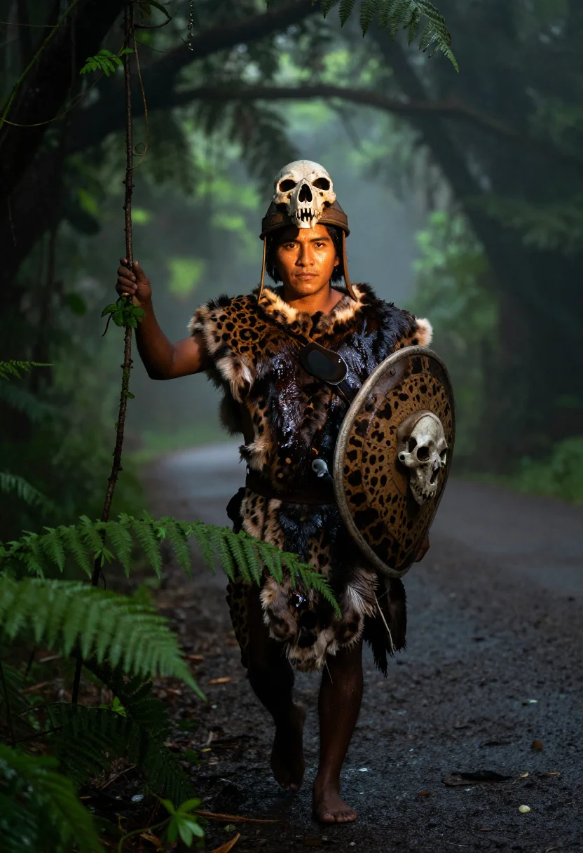 AI jaguar knight sample — portrait of a man, three-quarter-length portrait of a Nahua