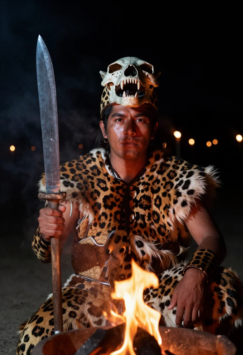 AI jaguar knight sample — portrait of a man, chest-up portrait of a Nahua man with dee