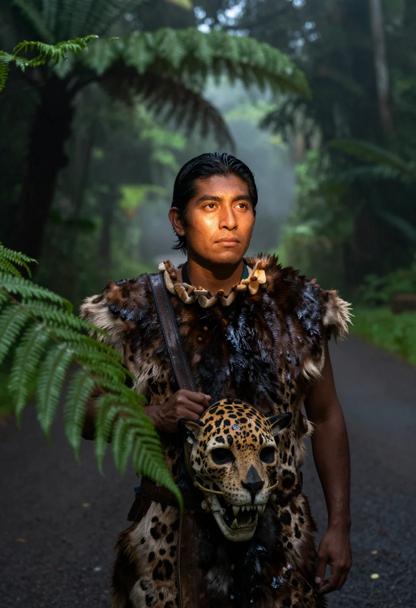 AI jaguar knight sample — portrait of a man, chest-up portrait of a Nahua man with dee