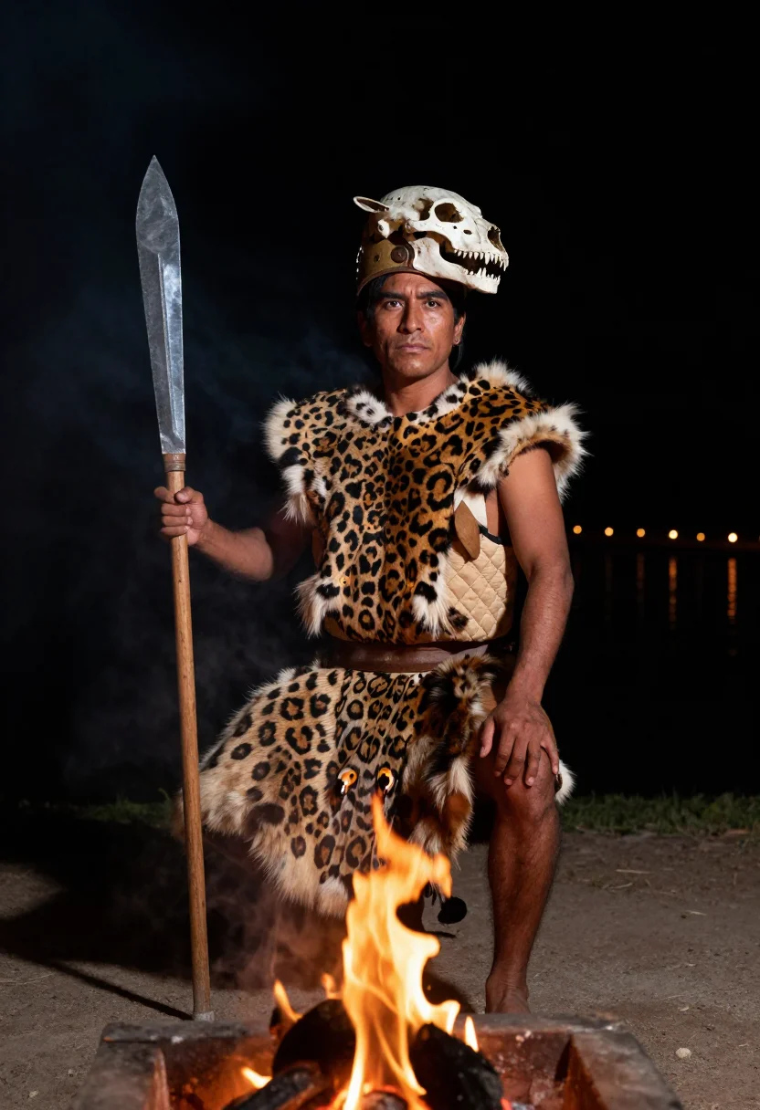 AI jaguar knight sample — portrait of a man, three-quarter-length portrait of a Nahua