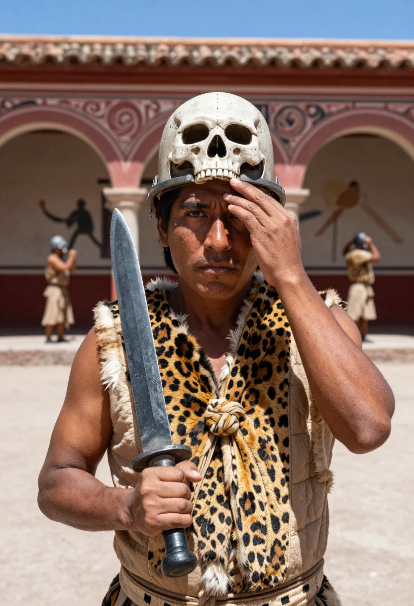 AI jaguar knight sample — portrait of a man, chest-up portrait of a Nahua man with dee