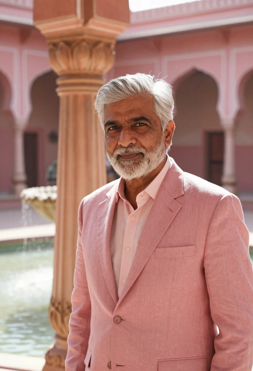 AI jaipur heritage hotelier rose lattice sample — portrait of a man, a South-Asian hotelier in his early sixti