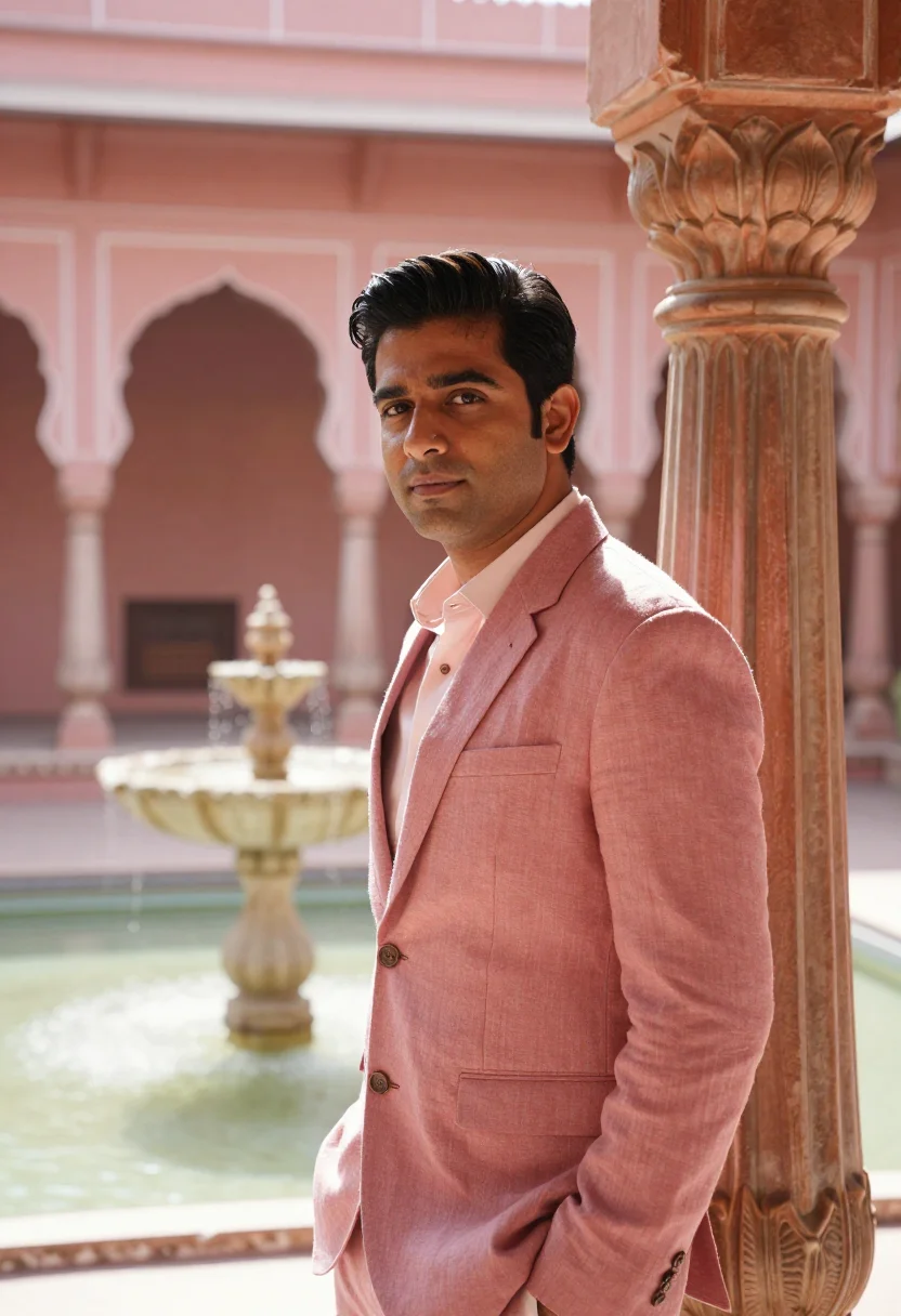 AI jaipur heritage hotelier rose lattice sample — portrait of a man, a South-Asian hotelier in his early thirt