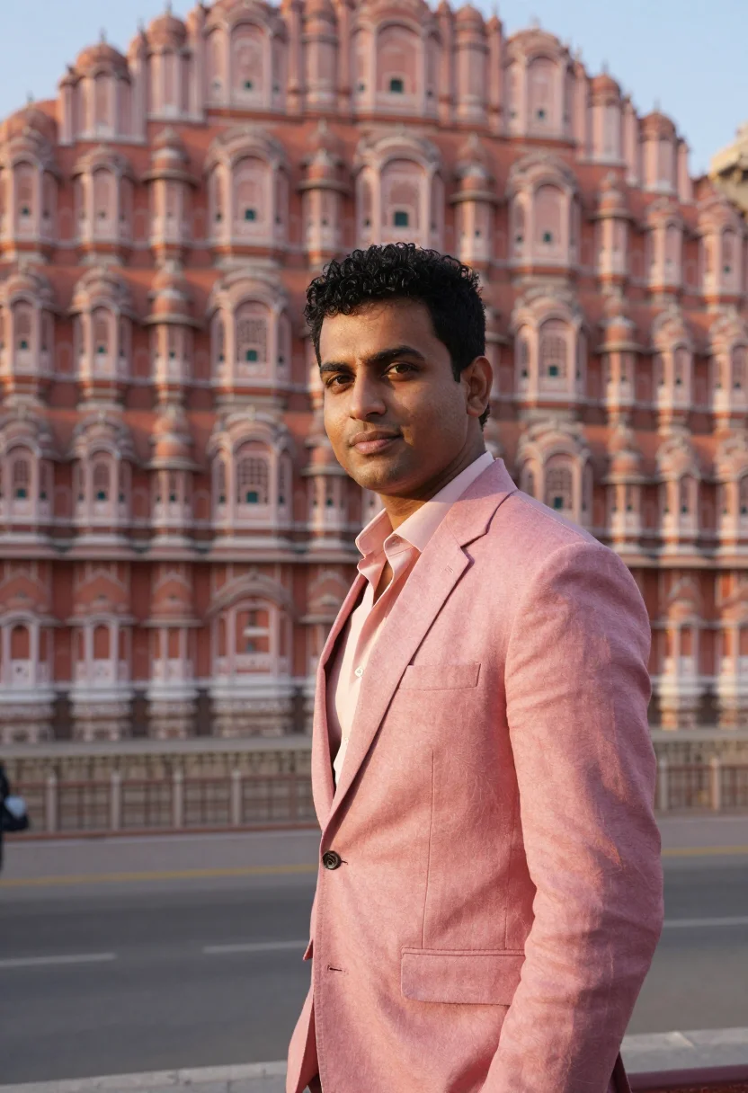 AI jaipur heritage hotelier rose lattice sample — portrait of a man, a South-Asian hotelier in his late twenti
