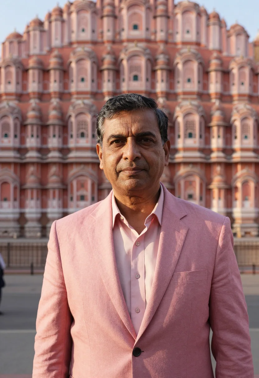 AI jaipur heritage hotelier rose lattice sample — portrait of a man, a South-Asian hotelier in his fifties wit