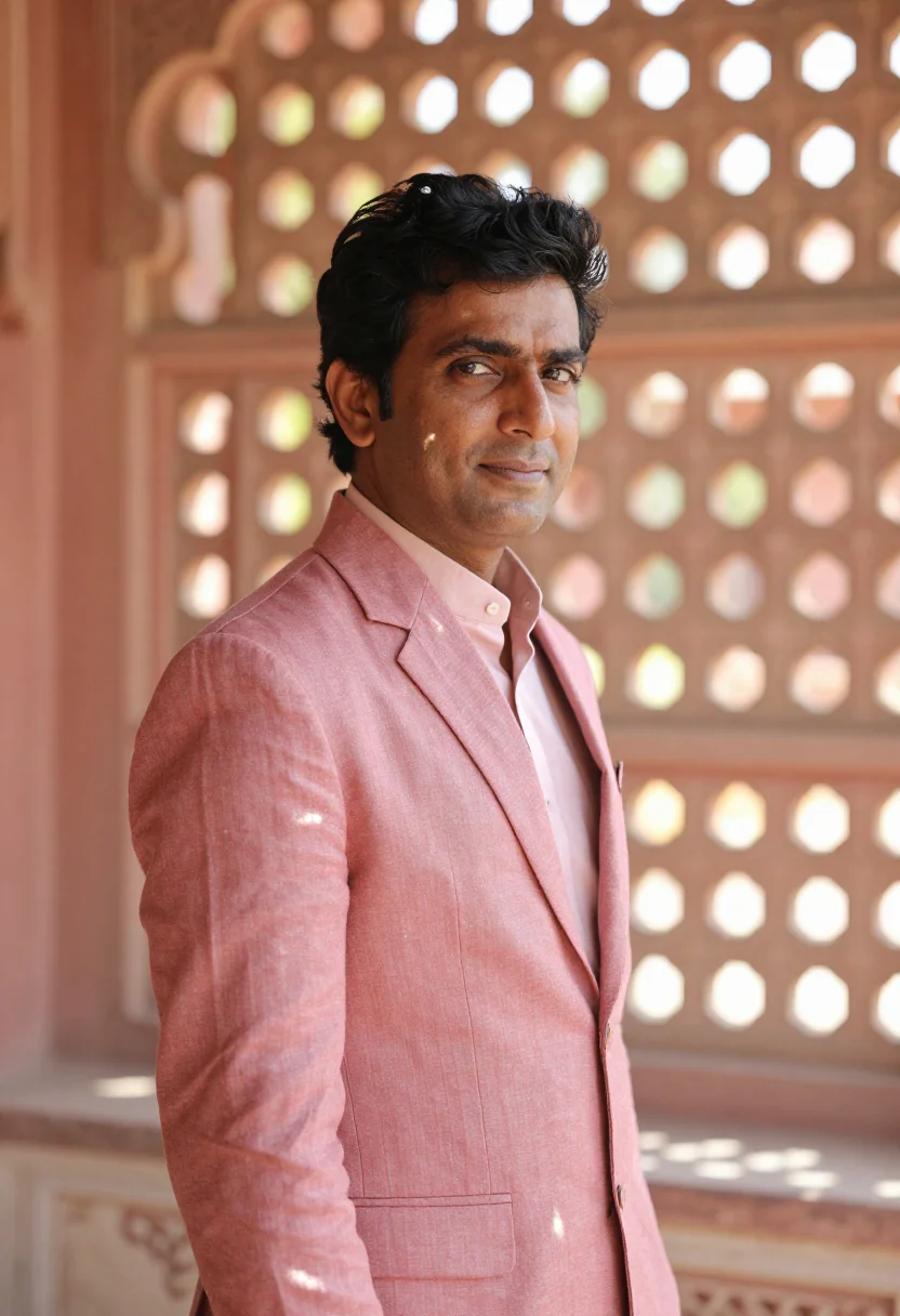 AI jaipur heritage hotelier rose lattice sample — portrait of a man, a South-Asian hotelier in his late thirti